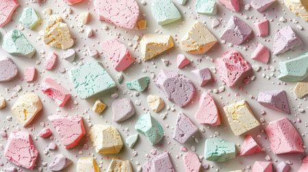 Trendy terrazzo texture with pastel geometric fragments in pink, mint, soft lilac, and baby yellow scattered on whiteの素材