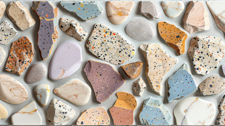 Trendy terrazzo surface with scattered pastel stone chips in baby blue, lilac, blush, and creamy peach tones, seamless layoutの素材