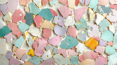 Trendy terrazzo texture with pastel geometric fragments in pink, mint, soft lilac, and baby yellow scattered on whiteの素材