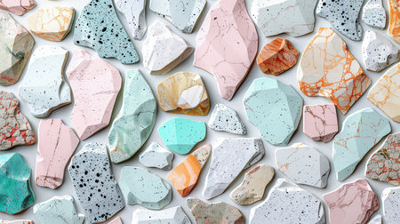 Seamless terrazzo pattern with soft pastel stone fragments in baby pink, mint green, sky blue, and light peach over a clean white backgroundの素材