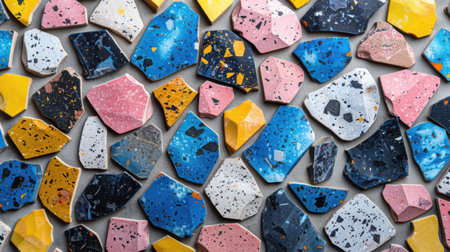 Abstract seamless terrazzo background filled with playful geometric chips in vibrant blue, hot pink, lemon yellow, and black on whiteの素材