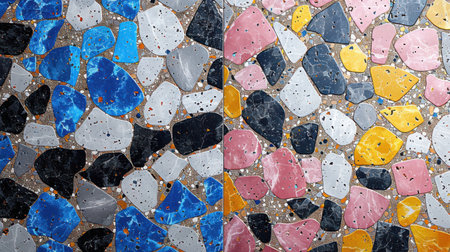 Colorful abstract terrazzo seamless pattern with irregular scattered shapes in vibrant hues of blue, pink, yellow, and black on clean whiteの素材