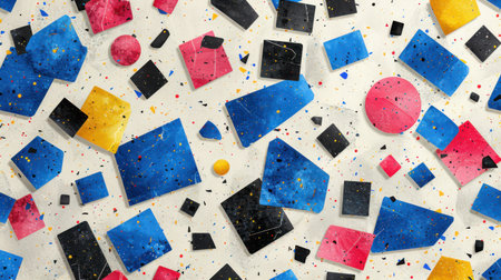 Abstract terrazzo seamless pattern featuring playful and lively shapes in saturated blue, hot pink, lemon yellow, and matte black scattered over whiteの素材