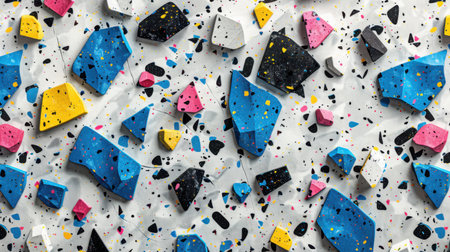 Abstract terrazzo seamless pattern featuring playful and lively shapes in saturated blue, hot pink, lemon yellow, and matte black scattered over whiteの素材