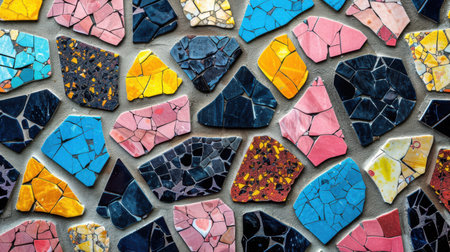 Modern terrazzo seamless abstract pattern with multicolored geometric pieces in shades of cobalt blue, magenta pink, lemon yellow, and black on whiteの素材