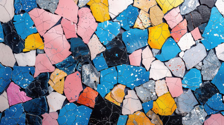 Seamless abstract terrazzo design showcasing scattered fragments in neon blue, blush pink, canary yellow, and jet black on whiteの素材
