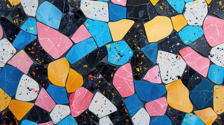 Colorful abstract terrazzo seamless pattern with uneven geometric shapes in playful blue, pink, yellow, and black hues on a white backdropの素材