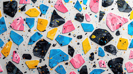 Abstract seamless terrazzo pattern with playful colorful geometric fragments in vivid blue, pink, yellow, and black scattered on a clean white backgroundの素材