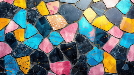 Abstract seamless terrazzo pattern featuring colorful, organic geometric shapes in shades of blue, pink, yellow, and black with a clean white backgroundの素材