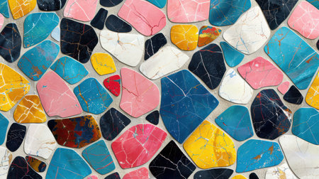 Abstract seamless terrazzo pattern featuring colorful, organic geometric shapes in shades of blue, pink, yellow, and black with a clean white backgroundの素材