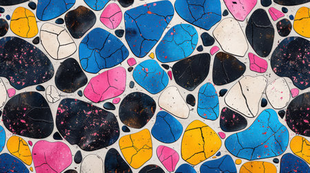 Abstract terrazzo seamless pattern with playful irregular shapes in neon blue, bright pink, sunny yellow, and deep black on a white backgroundの素材