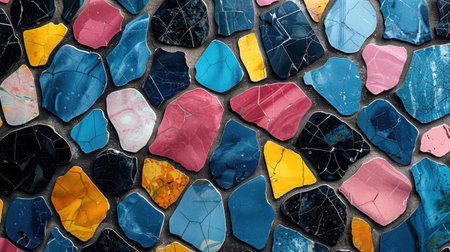 Abstract seamless terrazzo pattern featuring colorful, organic geometric shapes in shades of blue, pink, yellow, and black with a clean white backgroundの素材