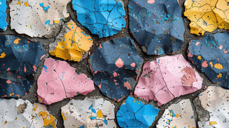 Seamless abstract terrazzo design showcasing scattered fragments in neon blue, blush pink, canary yellow, and jet black on whiteの素材