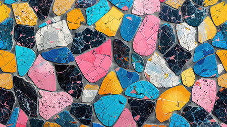 Abstract terrazzo seamless pattern with playful irregular shapes in neon blue, bright pink, sunny yellow, and deep black on a white backgroundの素材