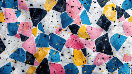 Abstract seamless terrazzo pattern with playful colorful geometric fragments in vivid blue, pink, yellow, and black scattered on a clean white backgroundの素材