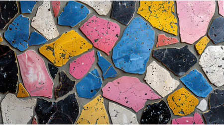 Abstract seamless terrazzo surface with vibrant irregular chips in playful blue, hot pink, bright yellow, and charcoal black on a white backgroundの素材