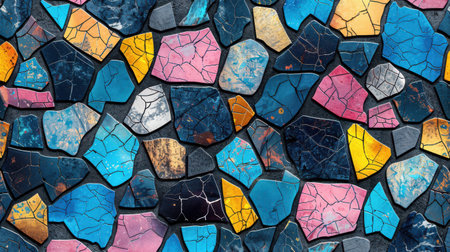 Colorful abstract terrazzo seamless pattern with uneven geometric shapes in playful blue, pink, yellow, and black hues on a white backdropの素材