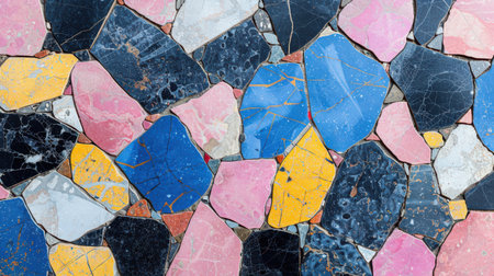 Abstract seamless terrazzo surface with vibrant irregular chips in playful blue, hot pink, bright yellow, and charcoal black on a white backgroundの素材