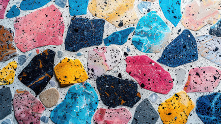 Modern terrazzo seamless design featuring irregular vibrant blue, pink, yellow, and black shapes on a pristine white backdrop, lively and abstractの素材