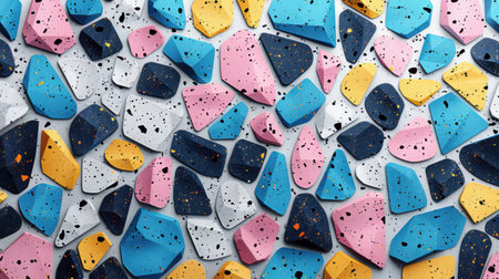 Modern terrazzo seamless design featuring irregular vibrant blue, pink, yellow, and black shapes on a pristine white backdrop, lively and abstractの素材