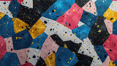 Colorful abstract terrazzo seamless pattern with irregular scattered shapes in vibrant hues of blue, pink, yellow, and black on clean whiteの素材