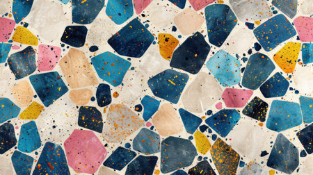 Modern terrazzo seamless abstract pattern with multicolored geometric pieces in shades of cobalt blue, magenta pink, lemon yellow, and black on whiteの素材