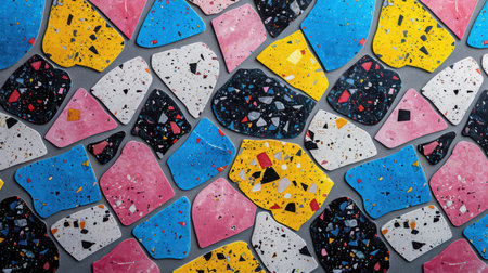 Abstract seamless terrazzo background filled with playful geometric chips in vibrant blue, hot pink, lemon yellow, and black on whiteの素材