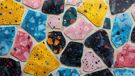 Modern terrazzo seamless abstract pattern with multicolored geometric pieces in shades of cobalt blue, magenta pink, lemon yellow, and black on whiteの素材