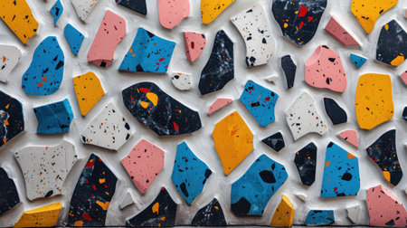 Seamless abstract terrazzo design showcasing scattered fragments in neon blue, blush pink, canary yellow, and jet black on whiteの素材