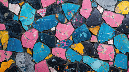 Abstract seamless terrazzo surface with vibrant irregular chips in playful blue, hot pink, bright yellow, and charcoal black on a white backgroundの素材