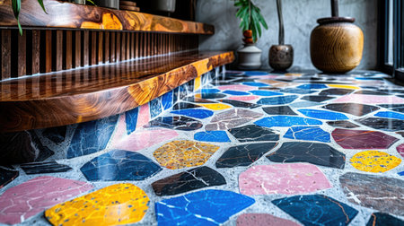 Seamless terrazzo design with irregular bright blue, pink, yellow, and black pieces on a simple white surface, abstract, lively, and boldの素材