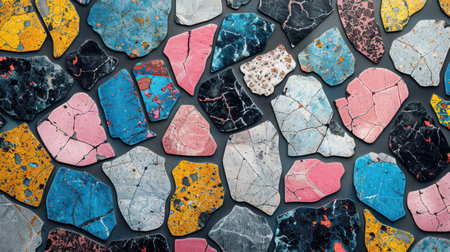 Terrazzo seamless abstract pattern with colorful dynamic fragments in bold shades of blue, pink, yellow, and black on a minimalist white backgroundの素材