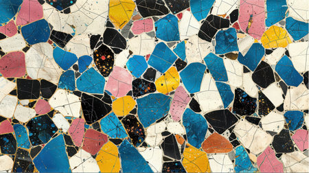 Seamless terrazzo design with irregular bright blue, pink, yellow, and black pieces on a simple white surface, abstract, lively, and boldの素材