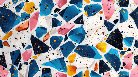 Terrazzo seamless abstract pattern with colorful dynamic fragments in bold shades of blue, pink, yellow, and black on a minimalist white backgroundの素材