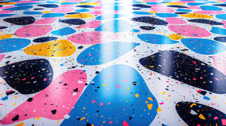 Terrazzo seamless pattern with abstract colorful fragments in vivid shades of blue, pink, yellow, and black on a white background, modern designの素材