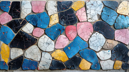 Seamless terrazzo texture featuring lively multicolored shapes in vivid blue, pink, yellow, and deep black over a pure white backdropの素材