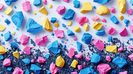 Vivid terrazzo seamless background with random geometric pieces in neon blue, bright pink, yellow, and matte black scattered on whiteの素材