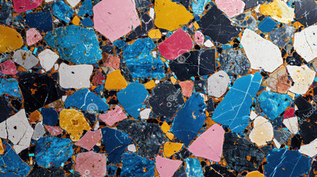Seamless terrazzo texture featuring lively multicolored shapes in vivid blue, pink, yellow, and deep black over a pure white backdropの素材