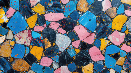 Seamless terrazzo design with scattered multicolored fragments in vibrant blue, pink, yellow, and black over a pure white canvas, abstract and modernの素材