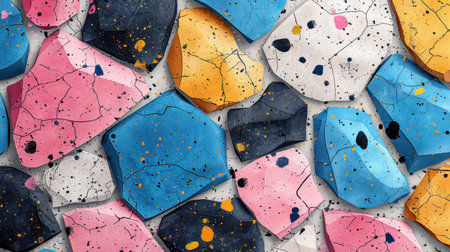 Vivid terrazzo seamless pattern with abstract irregular colorful shapes in energetic blue, bright pink, sunny yellow, and bold black on whiteの素材