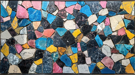 Seamless terrazzo design with scattered multicolored fragments in vibrant blue, pink, yellow, and black over a pure white canvas, abstract and modernの素材