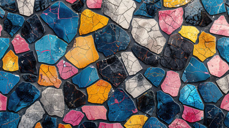 Vivid terrazzo seamless pattern with abstract irregular colorful shapes in energetic blue, bright pink, sunny yellow, and bold black on whiteの素材