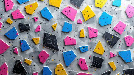 Vivid terrazzo seamless background with random geometric pieces in neon blue, bright pink, yellow, and matte black scattered on whiteの素材