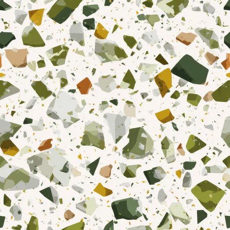 Abstract seamless terrazzo pattern with khaki geometric fragments in vivid scattered khaki on a clean white backgroundの素材