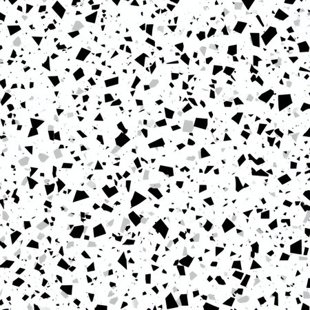 Abstract seamless terrazzo pattern with playful black geometric fragments in vivid black scattered on a clean white backgroundの素材