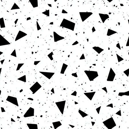 Abstract seamless terrazzo pattern with playful black geometric fragments in vivid black scattered on a clean white backgroundの素材