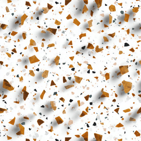 Abstract seamless terrazzo pattern with playful ash brown geometric fragments in vivid ash brown scattered on a clean white backgroundの素材