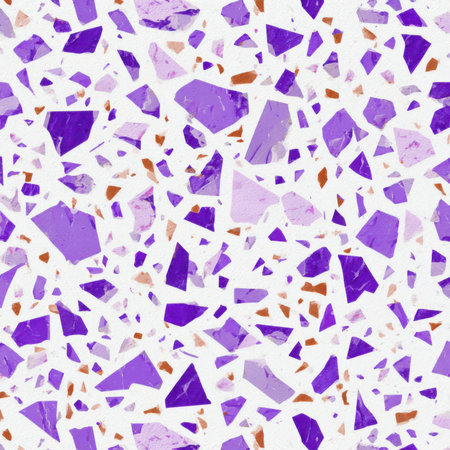 Abstract seamless terrazzo pattern with playful Lavender geometric fragments in vivid Lavender scattered on a clean white backgroundの素材