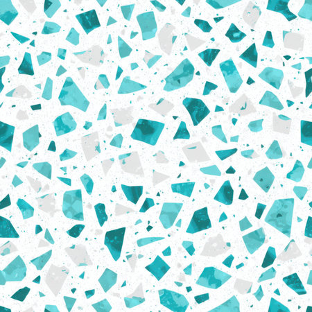 Abstract seamless terrazzo pattern with playful cyan geometric fragments in vivid cyan scattered on a clean white backgroundの素材