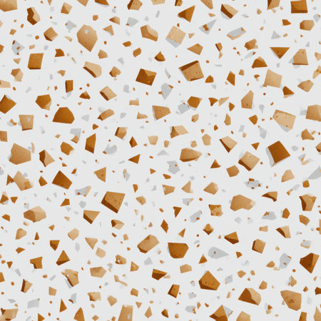 Abstract seamless terrazzo pattern with playful ash brown geometric fragments in vivid ash brown scattered on a clean white backgroundの素材